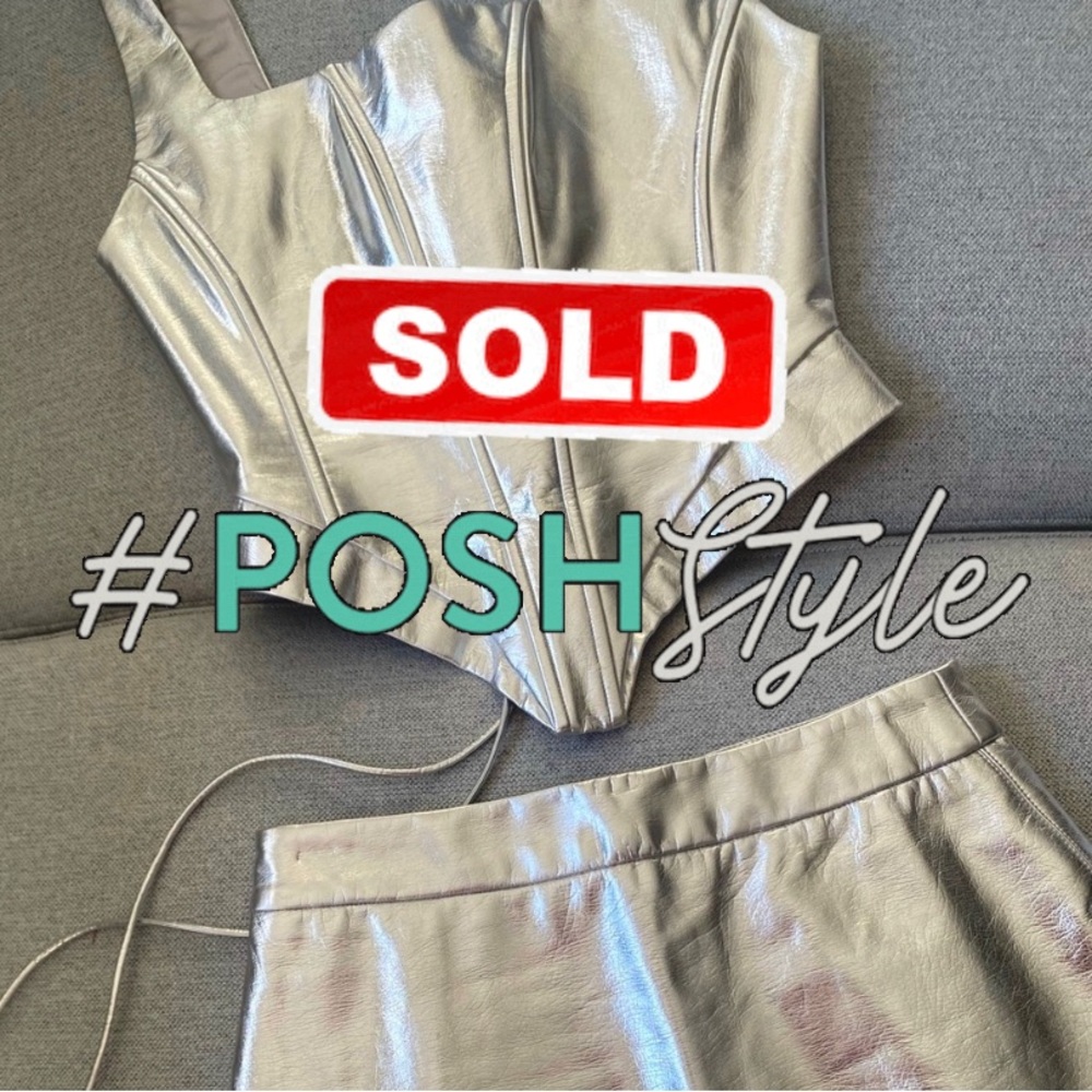 🛸 ***SOLD*** Naked Wardrobe | Faux Leather Corset + Mini Skirt | Silver | XS